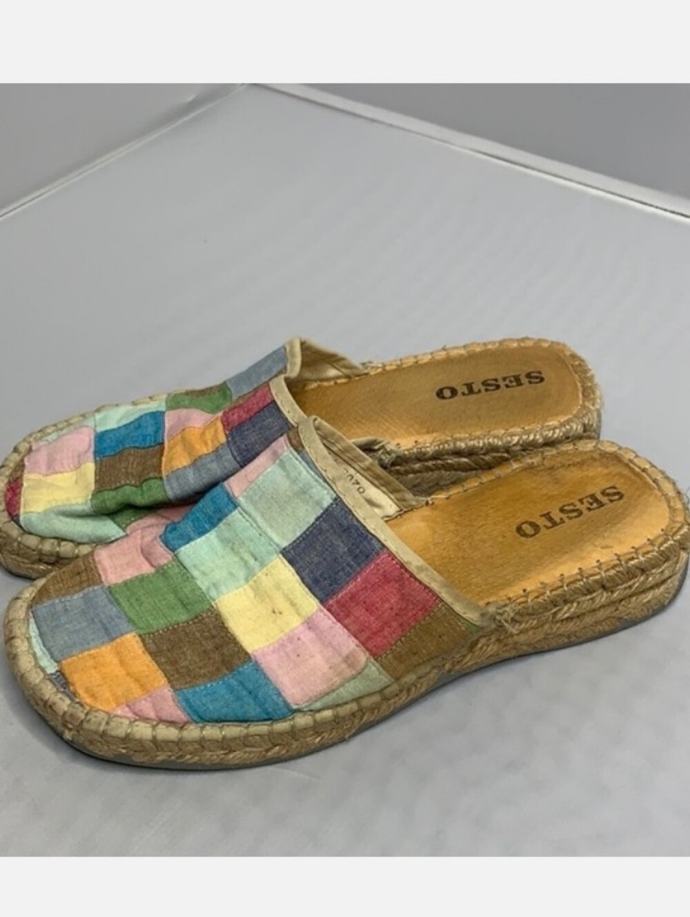 Sesto Meucci checkered multi-colored patchwork mule espadrilles. 7